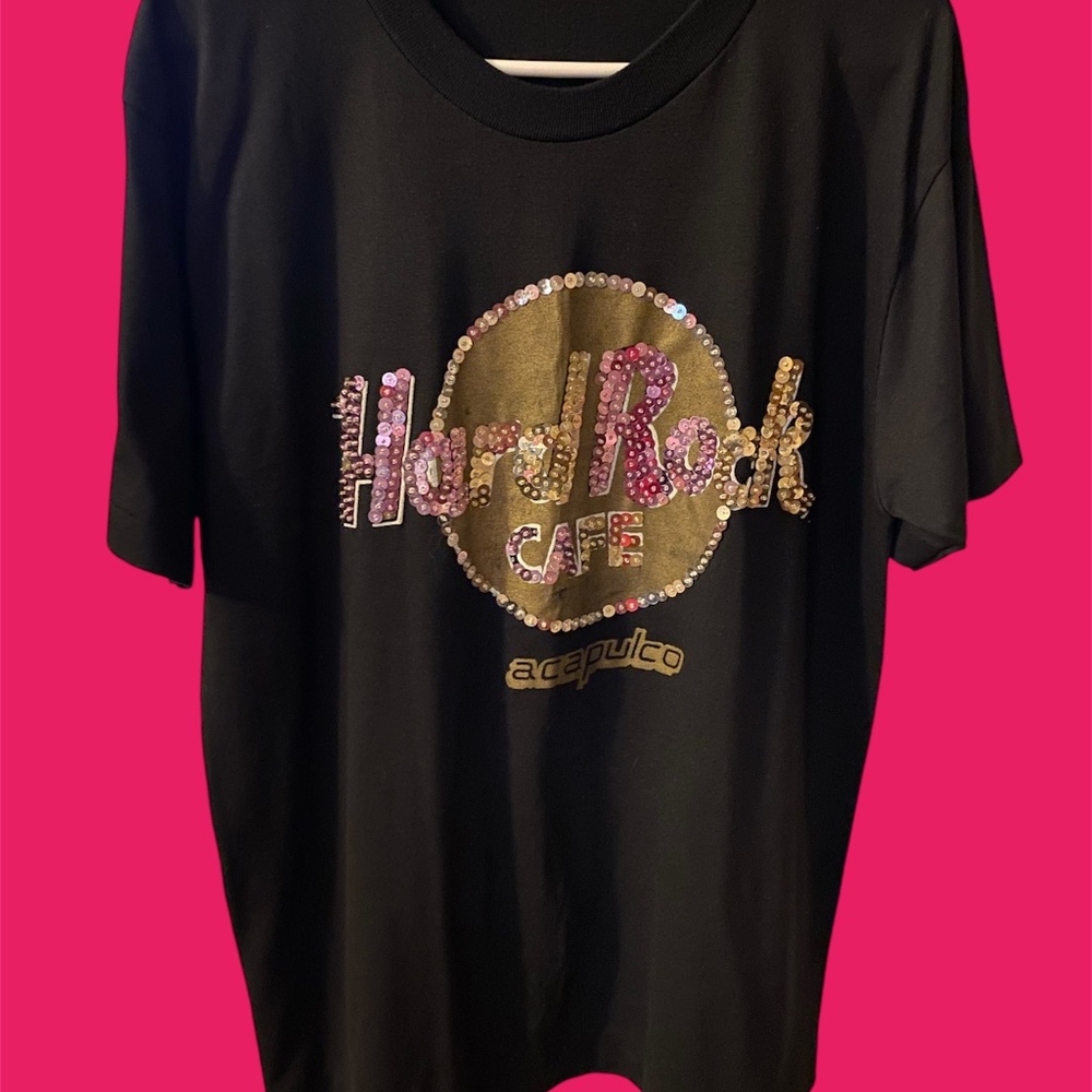 Hard Rock Cafe Acapulco T-Shirt Black Women Embellished Sequins Beaded Tee Large